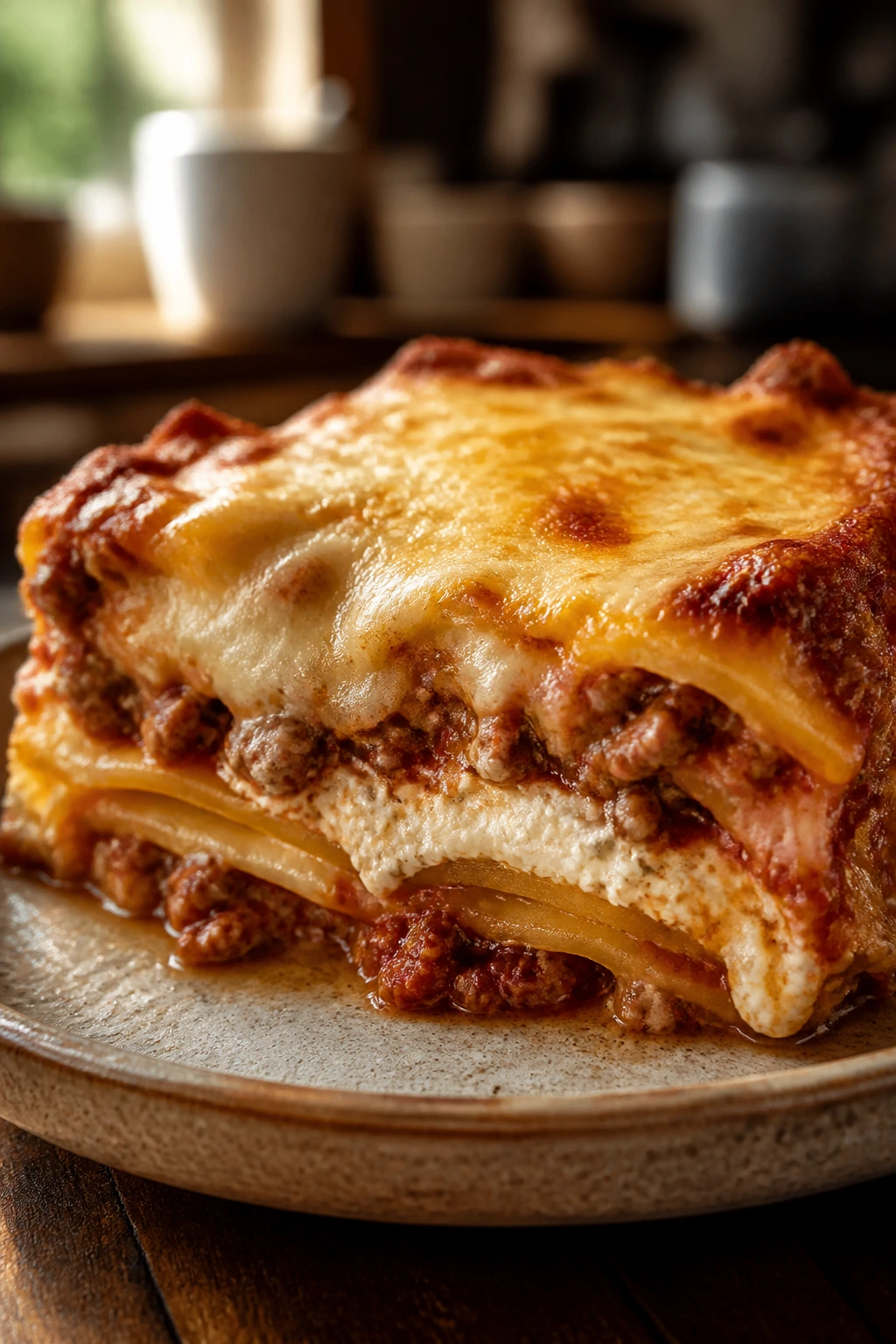 Close-up of a lasagna slice showing layered pasta, ricotta and melted cheese on a rustic plate.