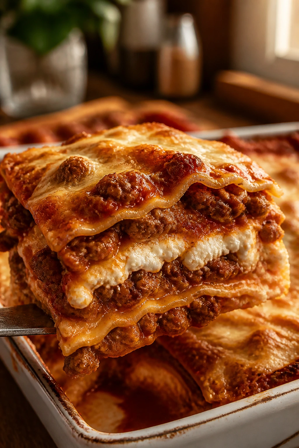 Close-up of cottage cheese beef lasagna slice with bubbling sauce
