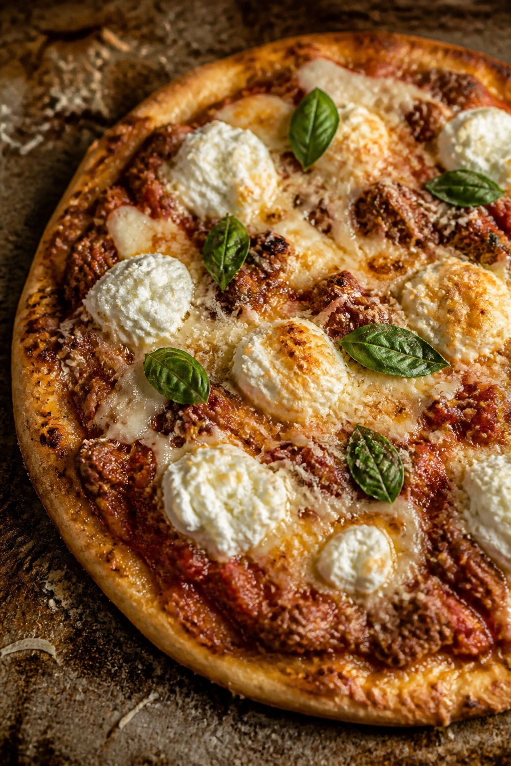Lasagna-inspired pizza with meat sauce and ricotta on crust
