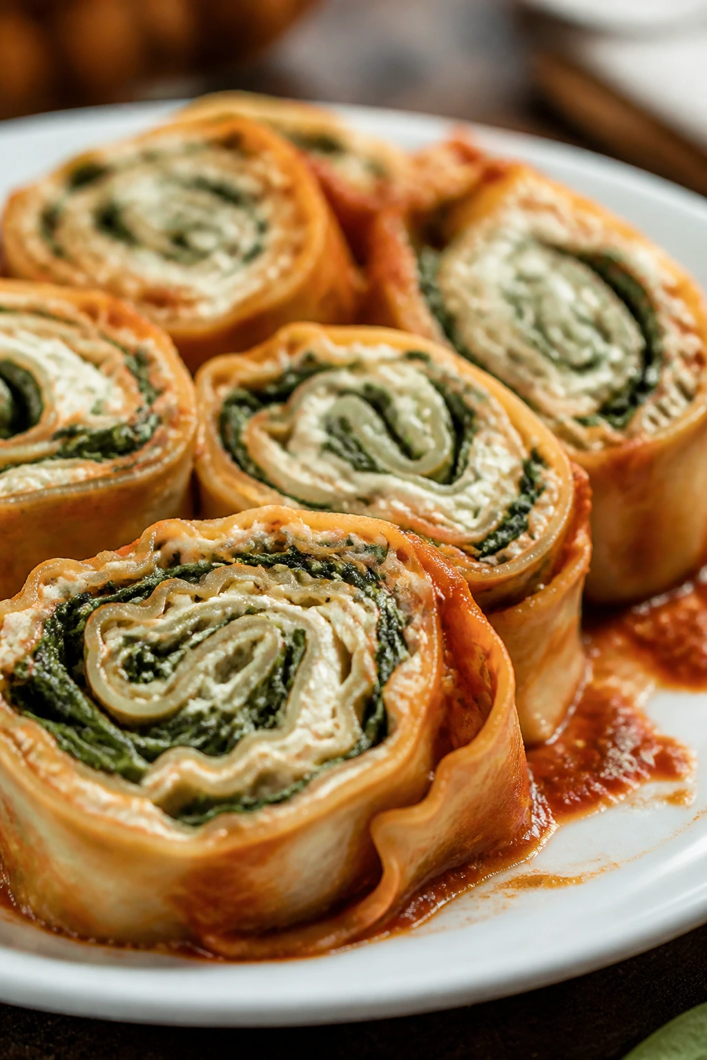 Lasagna roll-up pinwheels on a plate