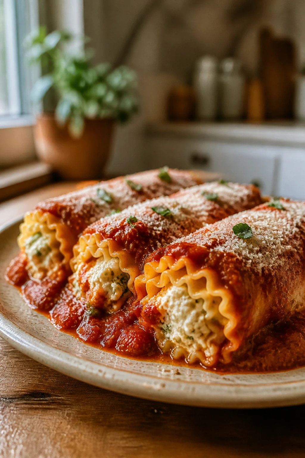 Close-up of lasagna roll-ups on a plate with tomato sauce in a warm kitchen
