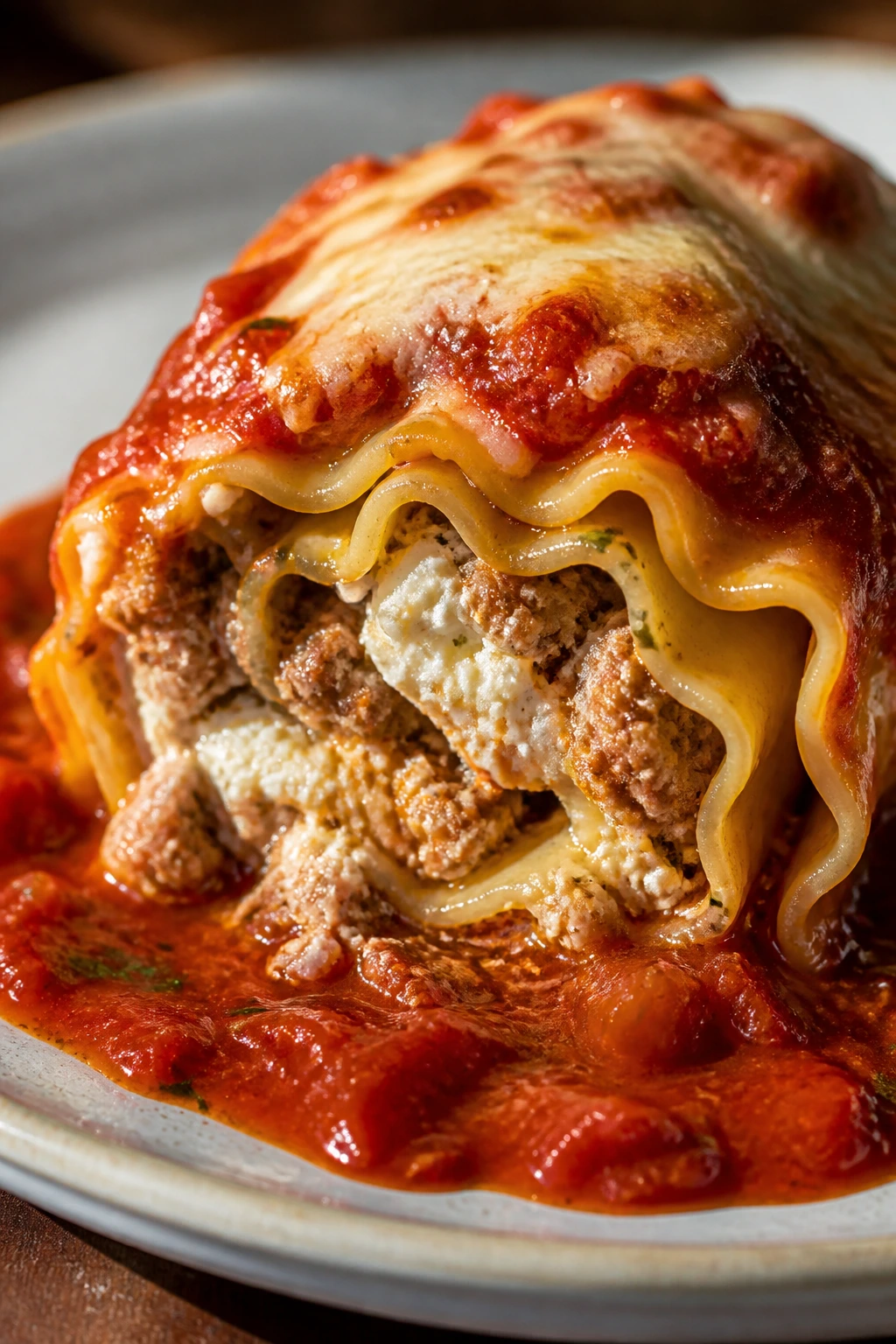 Cross-section of Sausage Lasagna Roll-Ups on a plate showing filling.