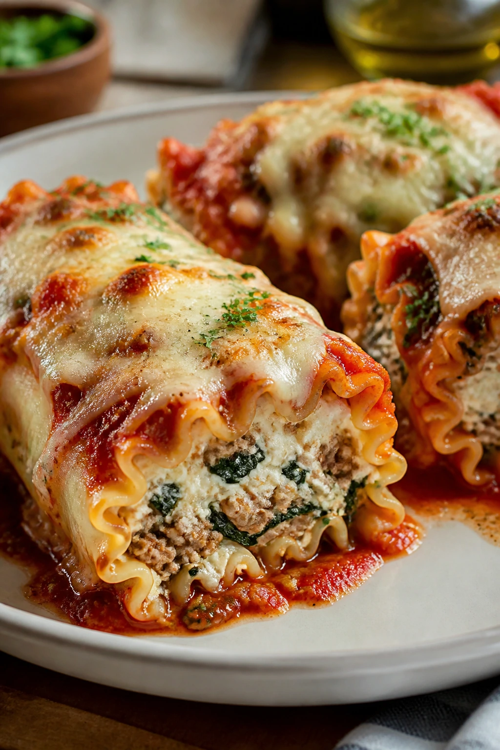 Plate of sausage spinach lasagna roll-ups sliced to show filling