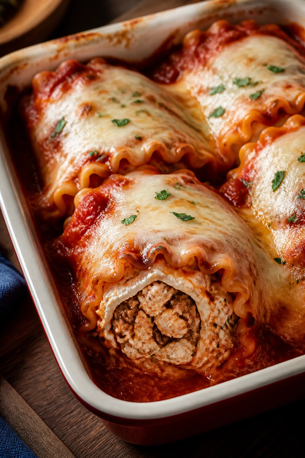 Close-up of sausage lasagna roll-ups with ricotta filling and melted cheese in a baking dish
