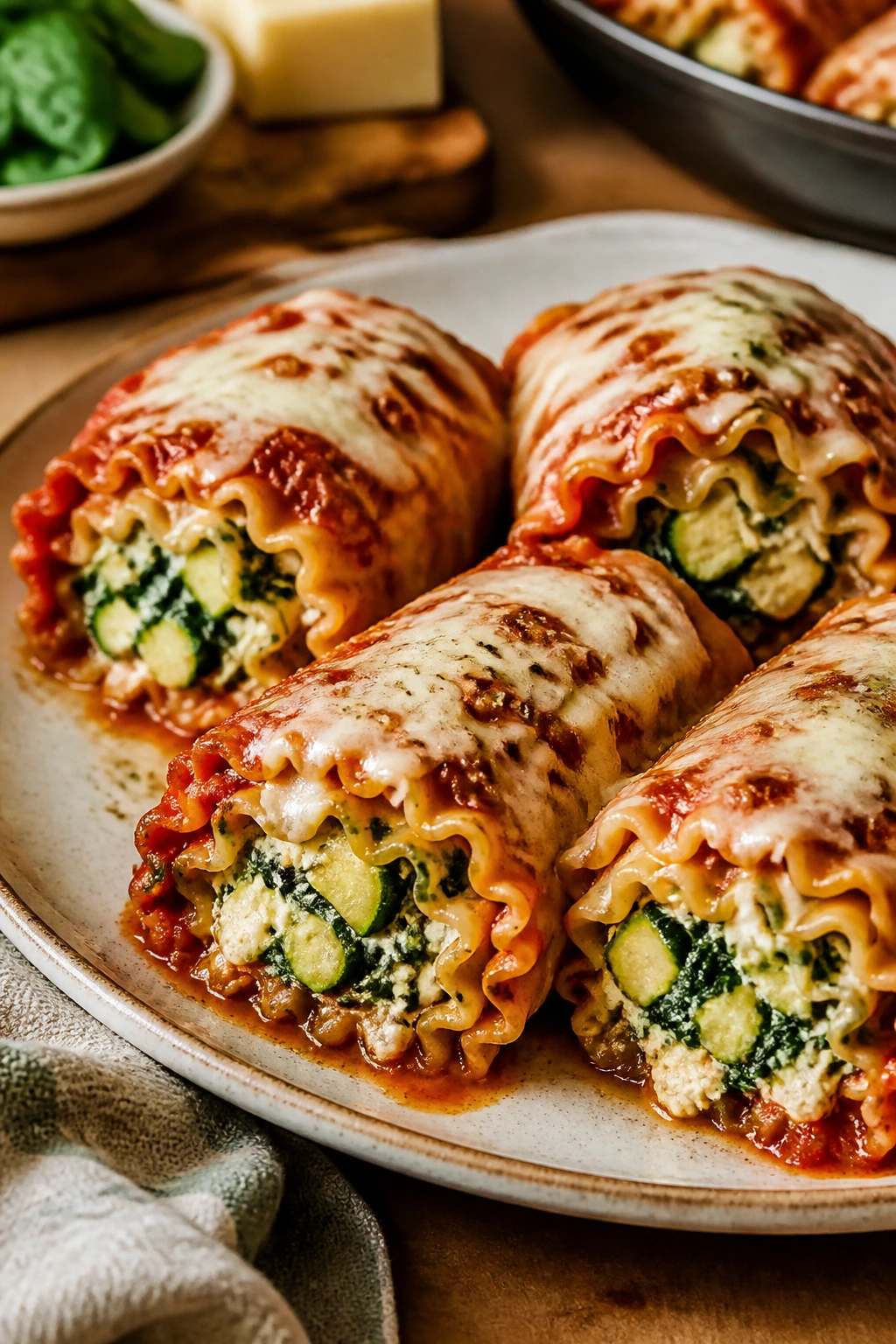 Close-up of vegetable lasagna roll-ups with ricotta and spinach filling