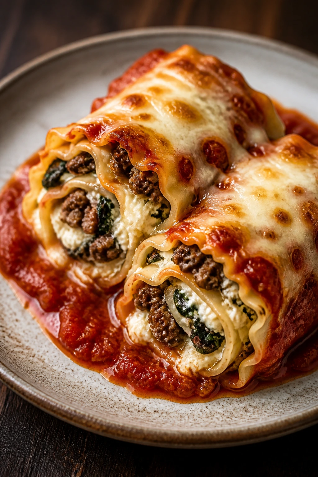 Close-up of beef sausage lasagna roll-ups on rustic plate, saucy and cheesy
