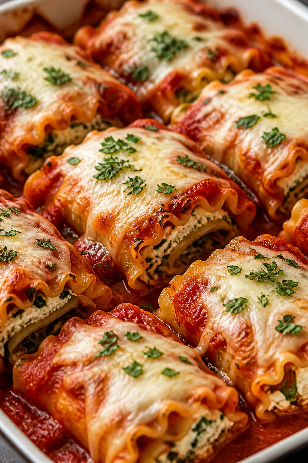 Lasagna roll-ups with marinara sauce and melted cheese in a cozy kitchen setting.