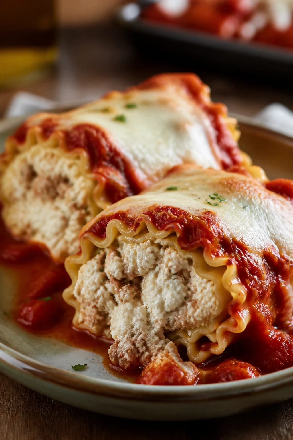 Close-up of lasagna roll-ups filled with turkey and cottage cheese