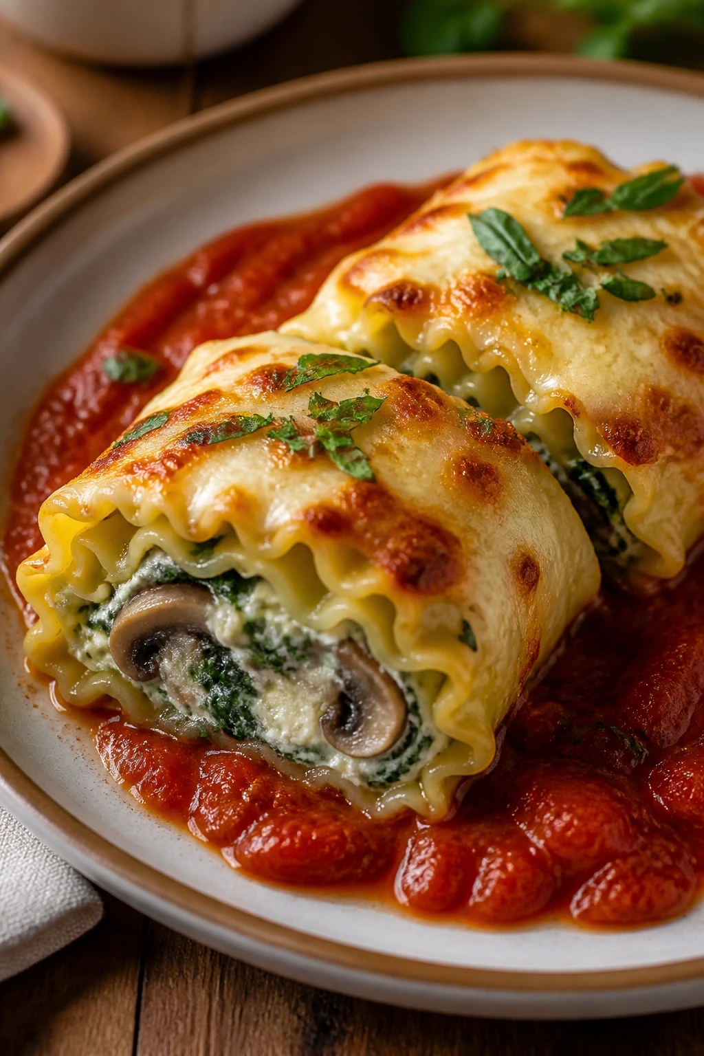 Close-up of lasagna roll-up cut open to show mushroom spinach ricotta filling.