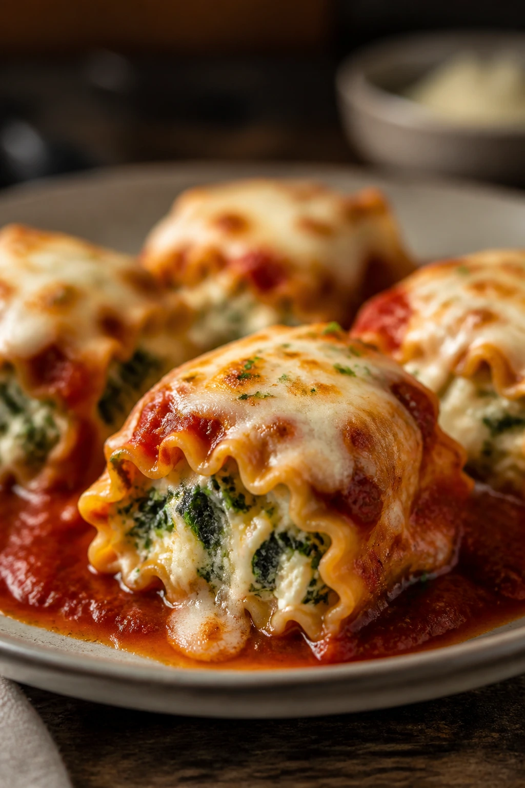 Close-up of mini lasagna roll-ups with ricotta spinach filling and marinara