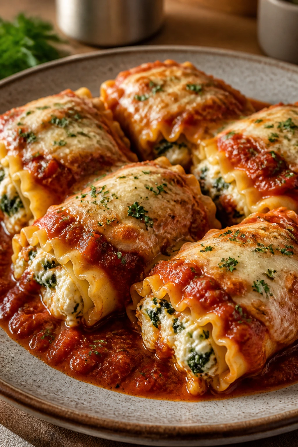Close-up of lasagna roll-ups on rustic plate with glossy sauce