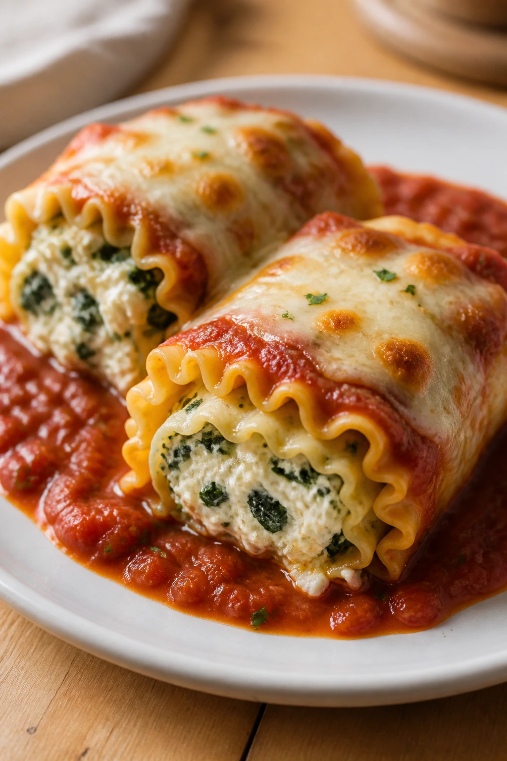 Lasagna roll-ups sliced open showing ricotta spinach filling on plate
