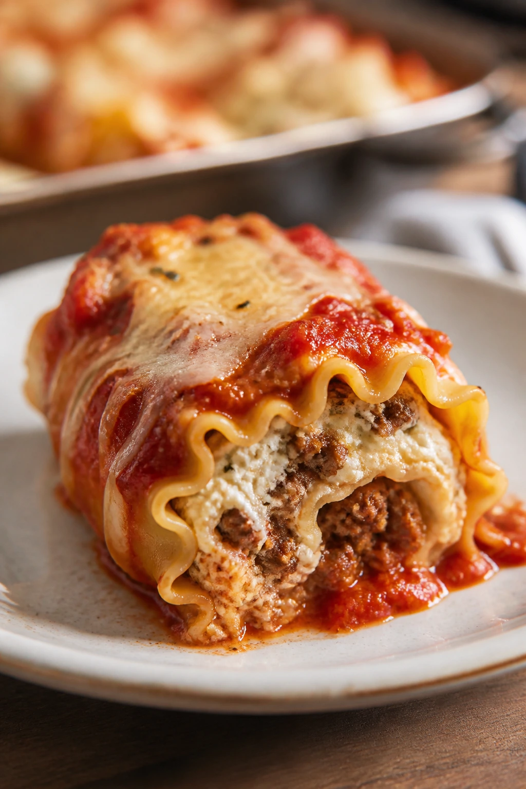 Close-up of a sausage lasagna roll-up with visible ricotta filling