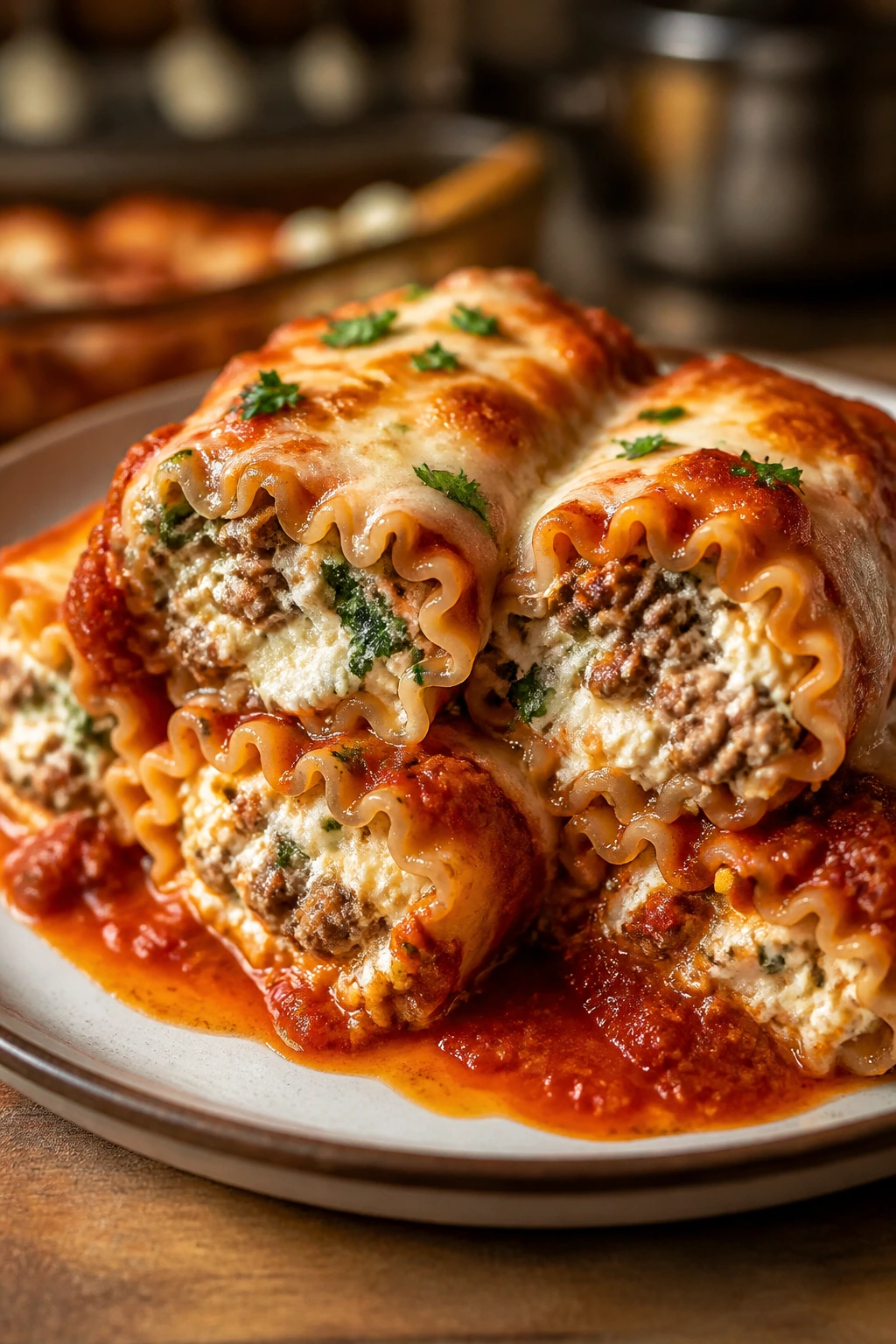 Close-up of sausage lasagna roll-ups showing filling on a plate