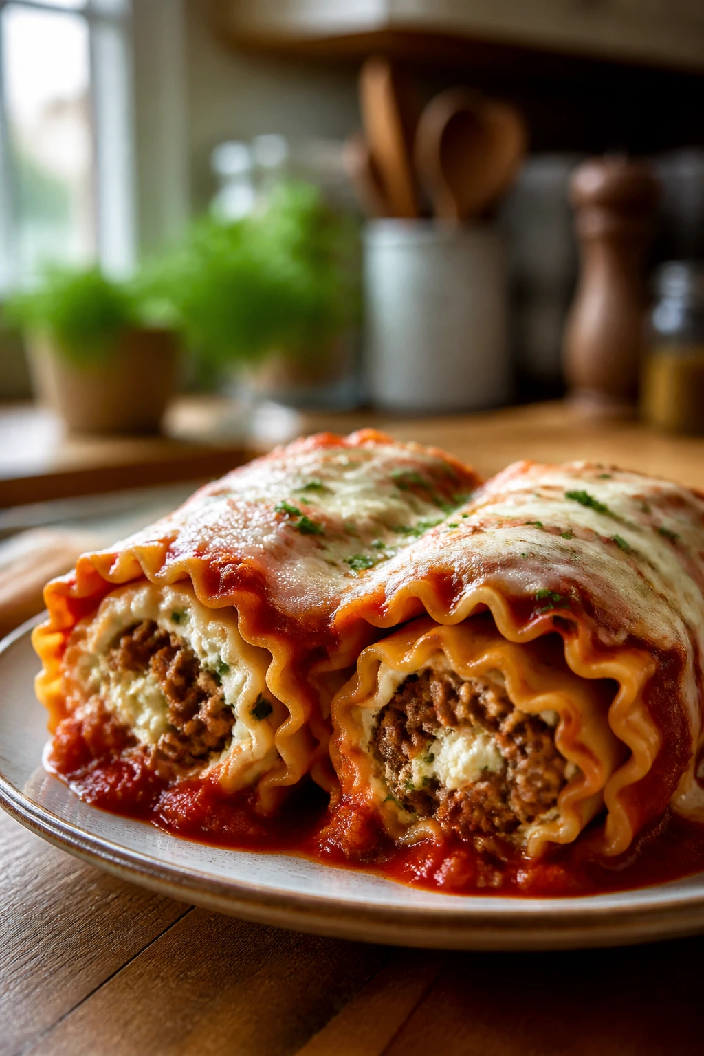 Close-up of Italian Sausage Lasagna Roll-Ups on rustic plate