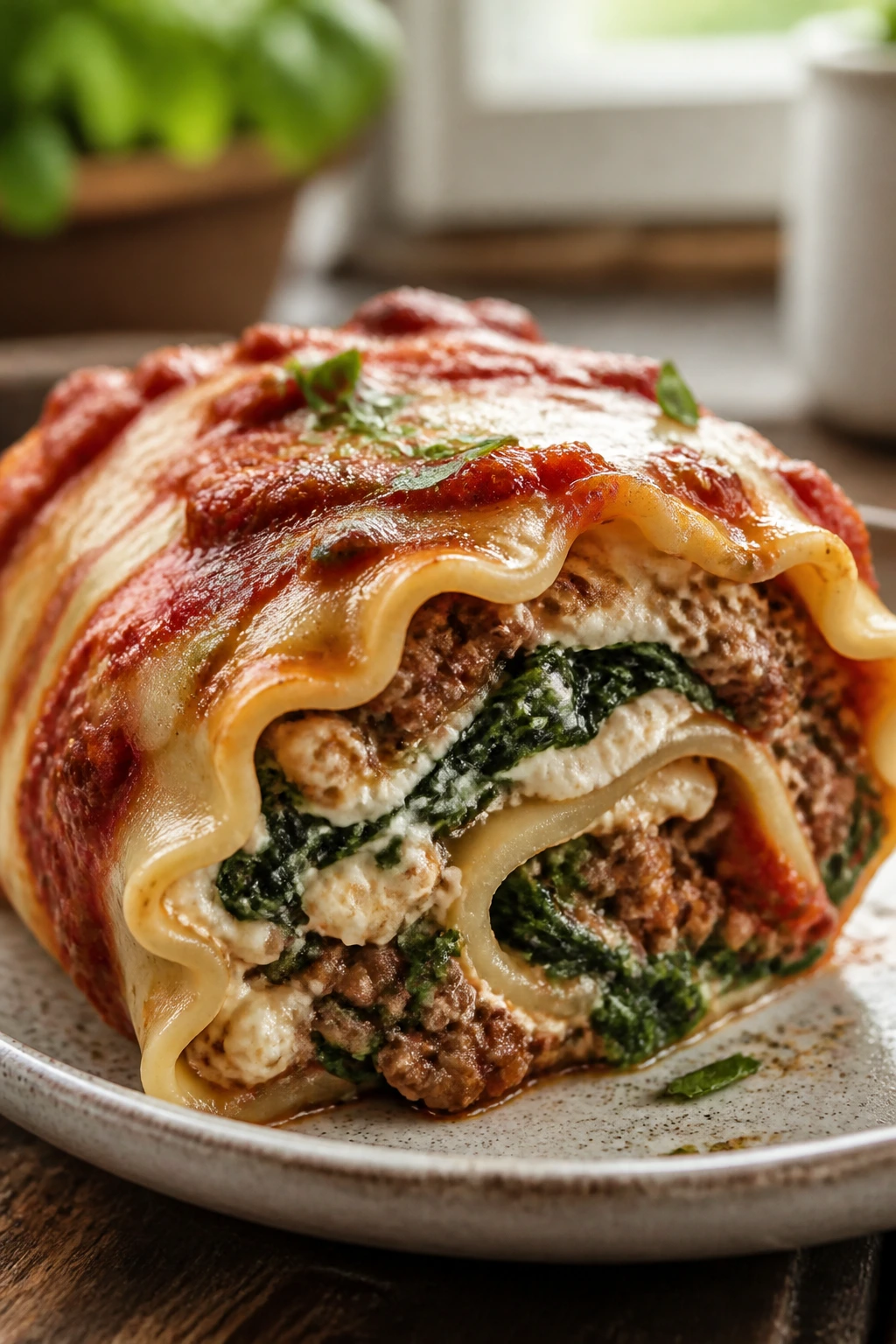 Close-up of a sausage spinach lasagna roll-up cross-section on a rustic plate in a warm kitchen