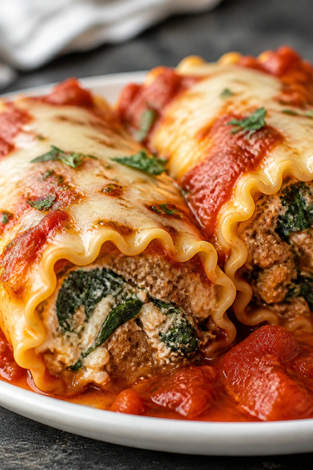 Close-up of spinach and beef lasagna roll-ups on a plate.