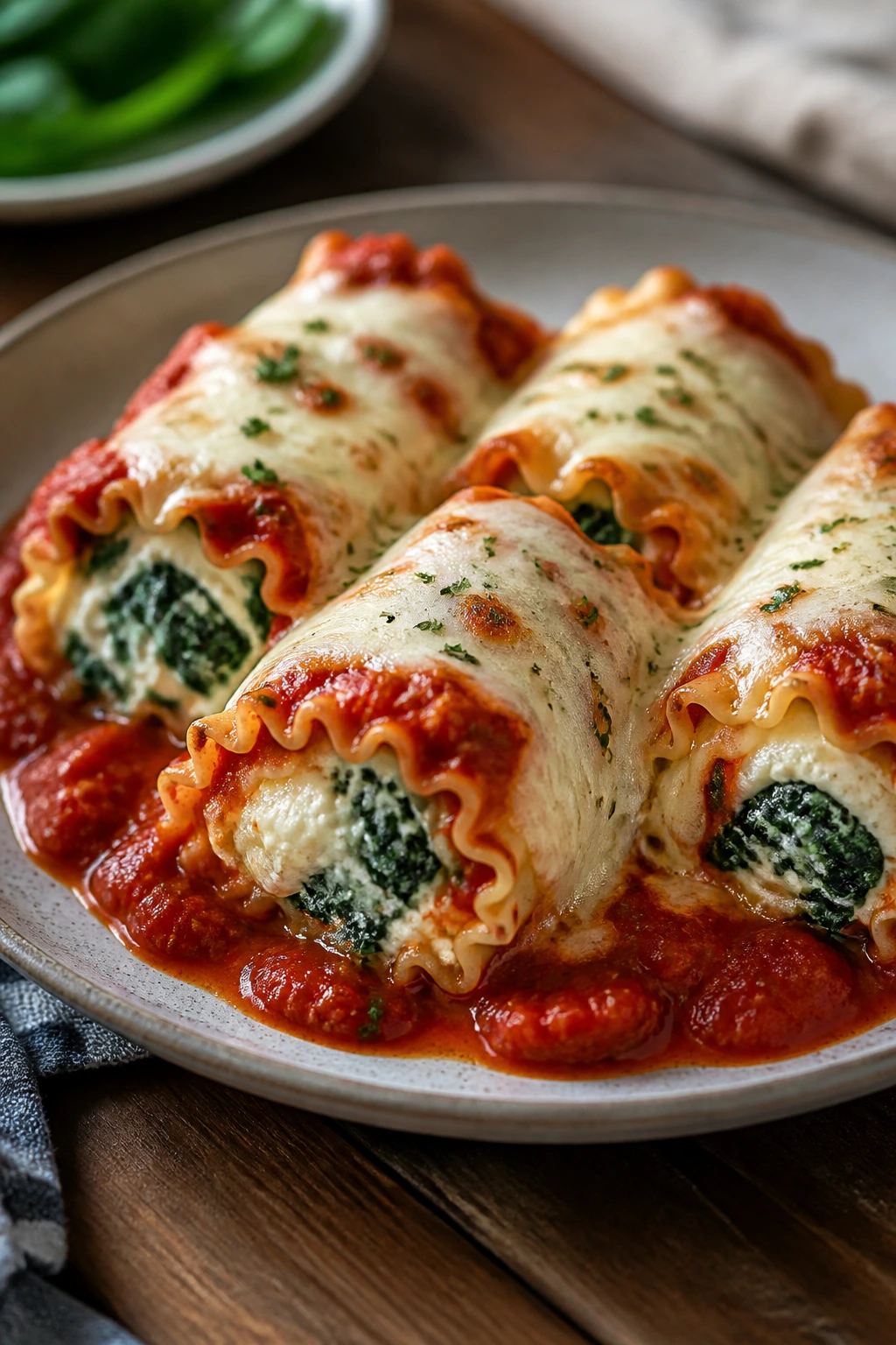Lasagna roll-ups with spinach ricotta in marinara sauce