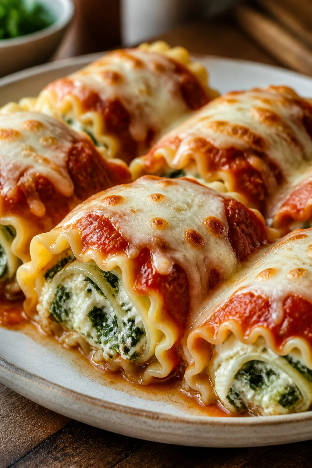 Close-up of spinach and ricotta lasagna roll-ups with marinara and mozzarella