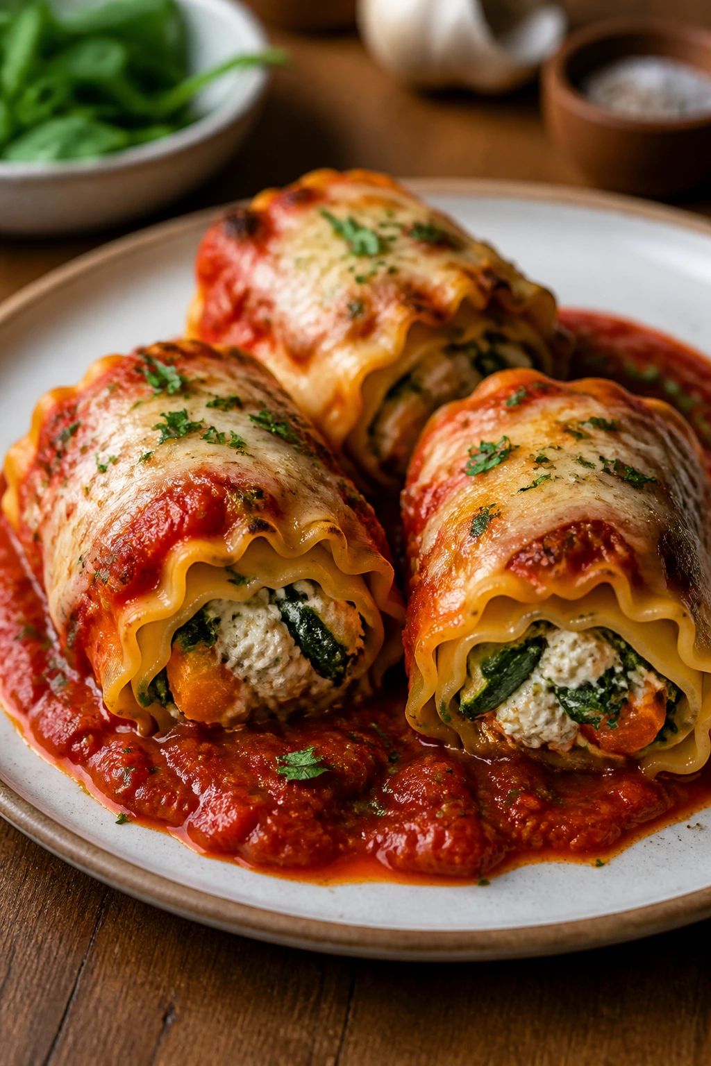 Close-up of three vegetable lasagna roll-ups on a plate with marinara sauce