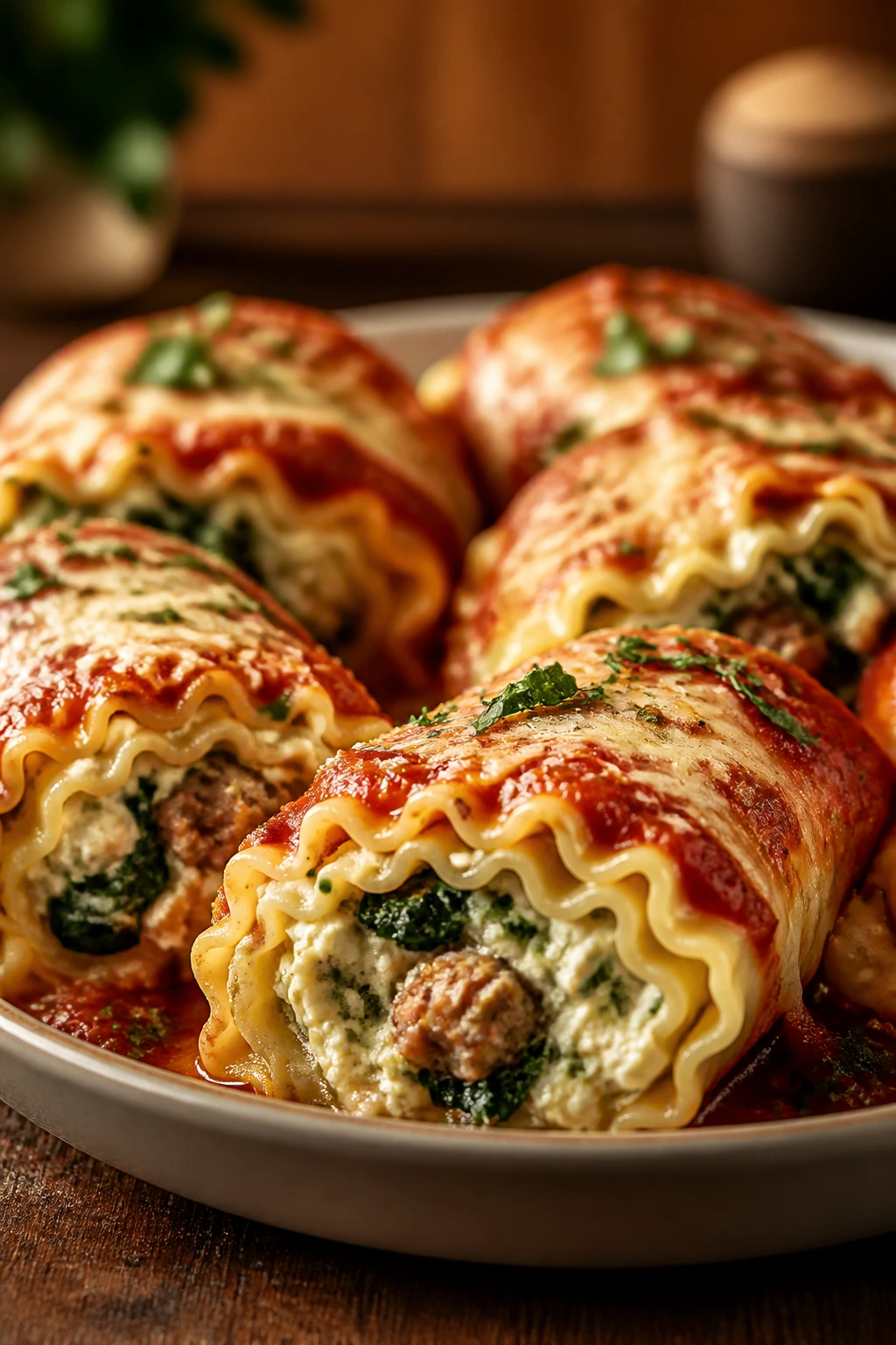 Lasagna rolls sausage ricotta spinach on plate