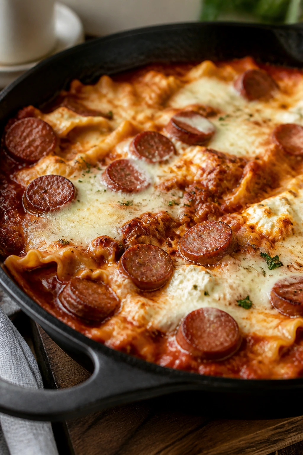 Skillet lasagna with sausage and melted cheese