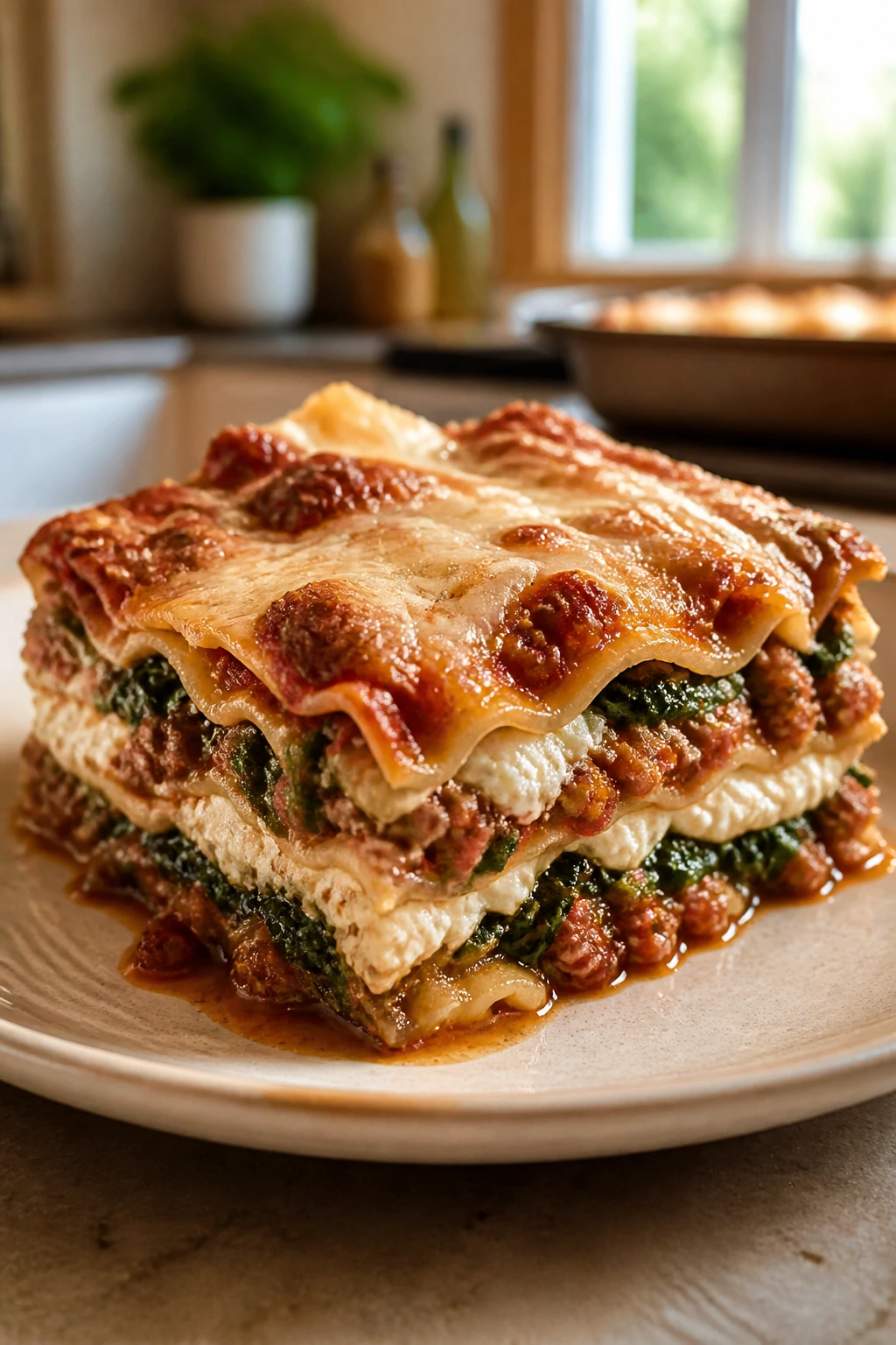 Slice of sausage and spinach lasagna showing multiple layers on a plate