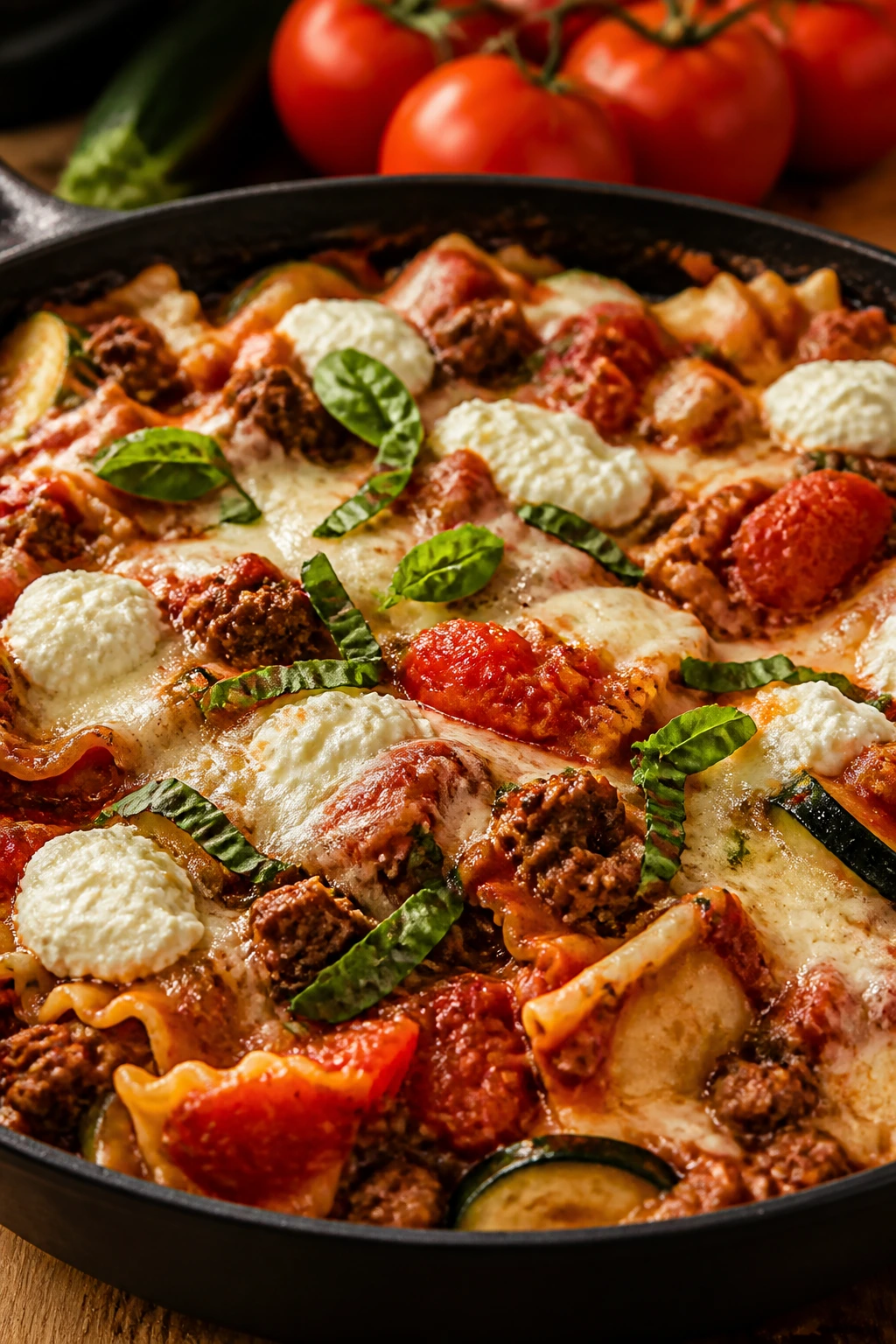 Skillet lasagna with garden tomatoes in a pan
