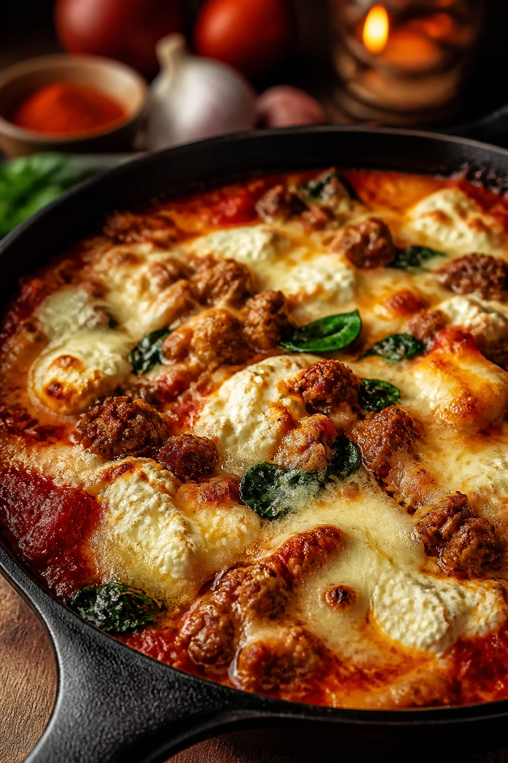 Close-up of keto sausage lasagna skillet with sausage, ricotta, and melted mozzarella