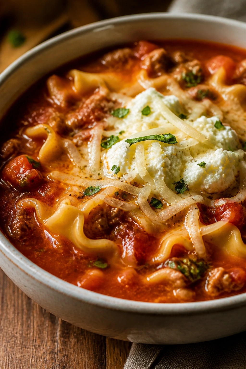 Close-up of lasagna soup with sausage and cheese