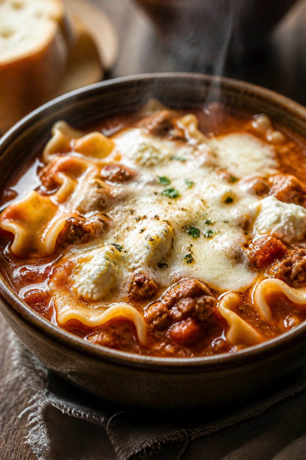 Steaming bowl of lasagna soup with noodles and cheese