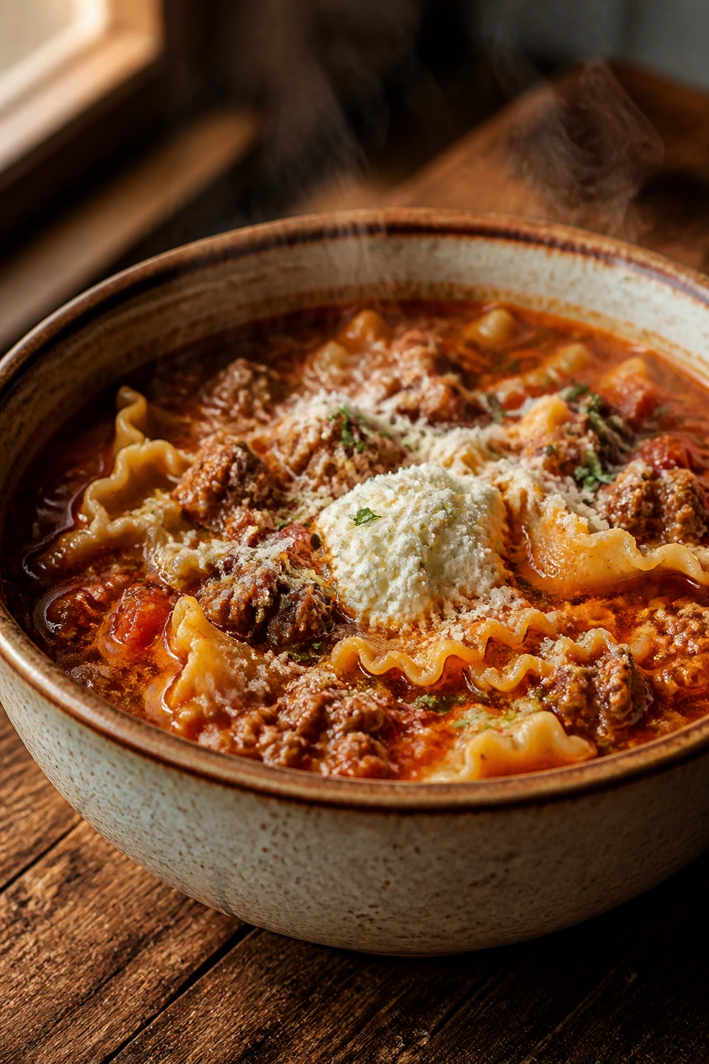 Close-up of steaming lasagna soup with beef, sausage, noodles and ricotta
