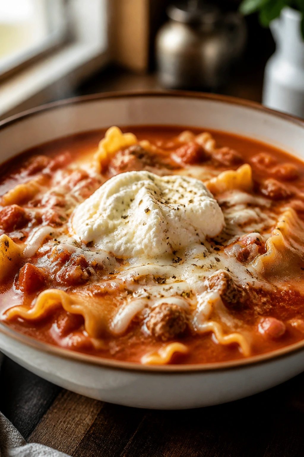 Steaming lasagna soup in a bowl with broken noodles and cheese in a warm kitchen