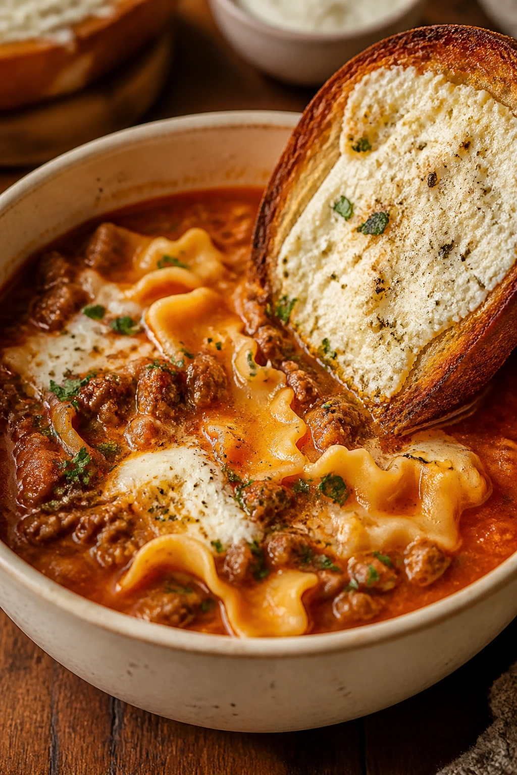 Bowl of lasagna soup with a ricotta toast on the rim.