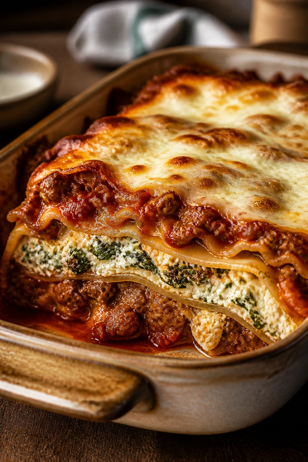 Slice of lasagna with spinach and ricotta in a warm kitchen