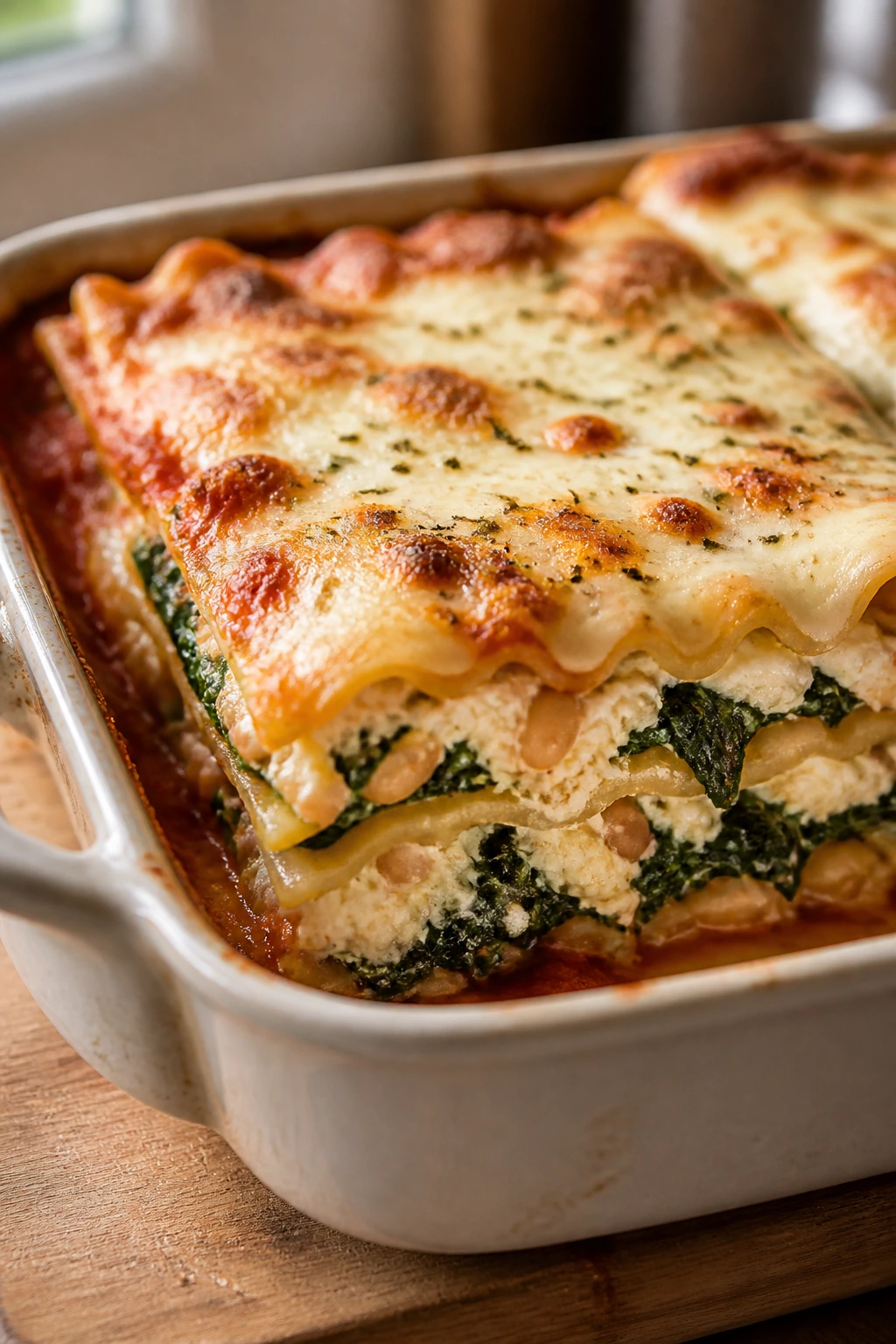 Slice of white bean and spinach lasagna with ricotta filling