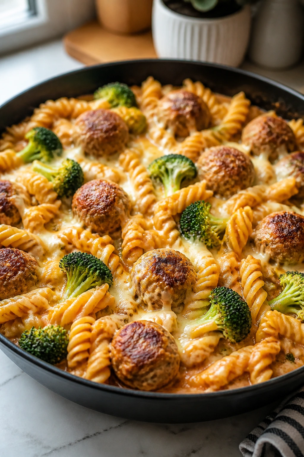 Close-up of a one-pan skillet with meatballs pasta and broccoli