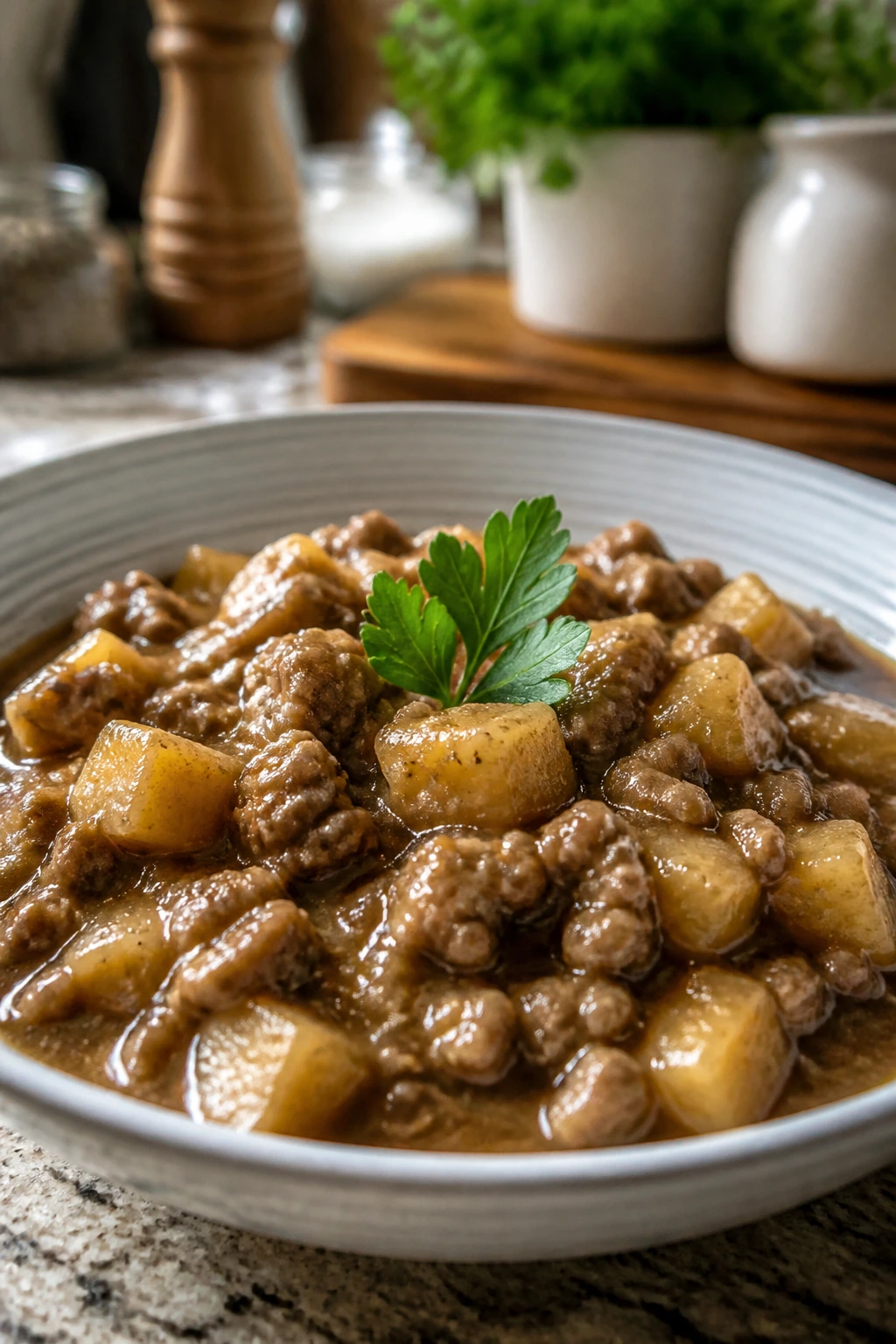 Single bowl of ground beef and potatoes with gravy