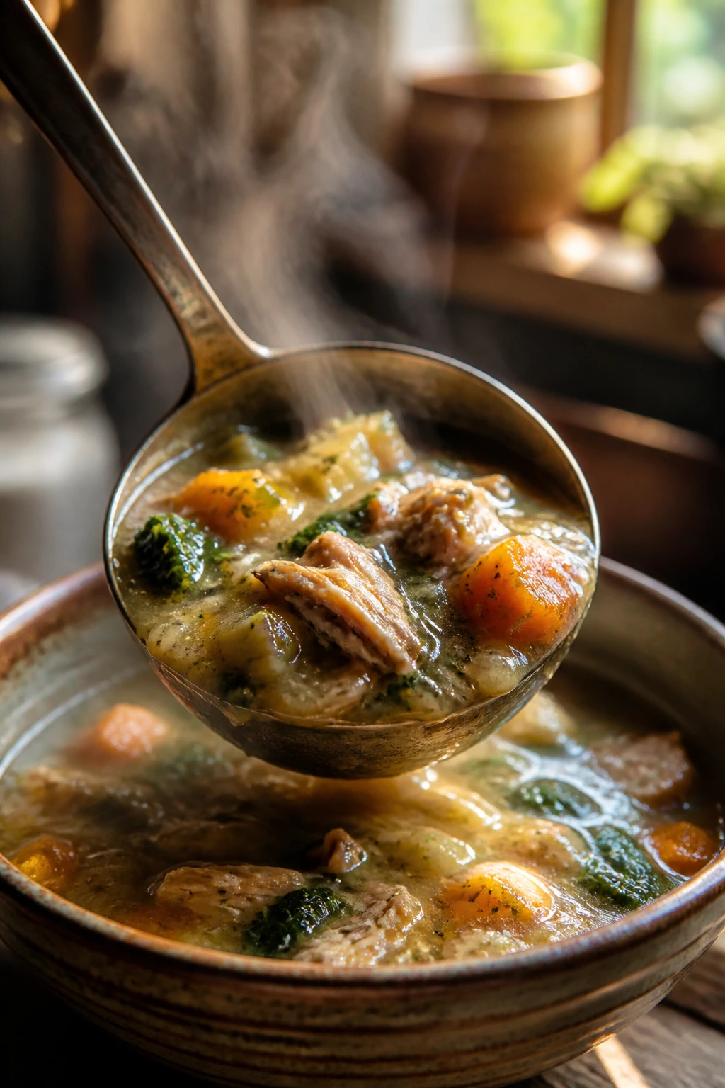 Close-up of a ladle full of steaming soup capturing the last ladle moment.