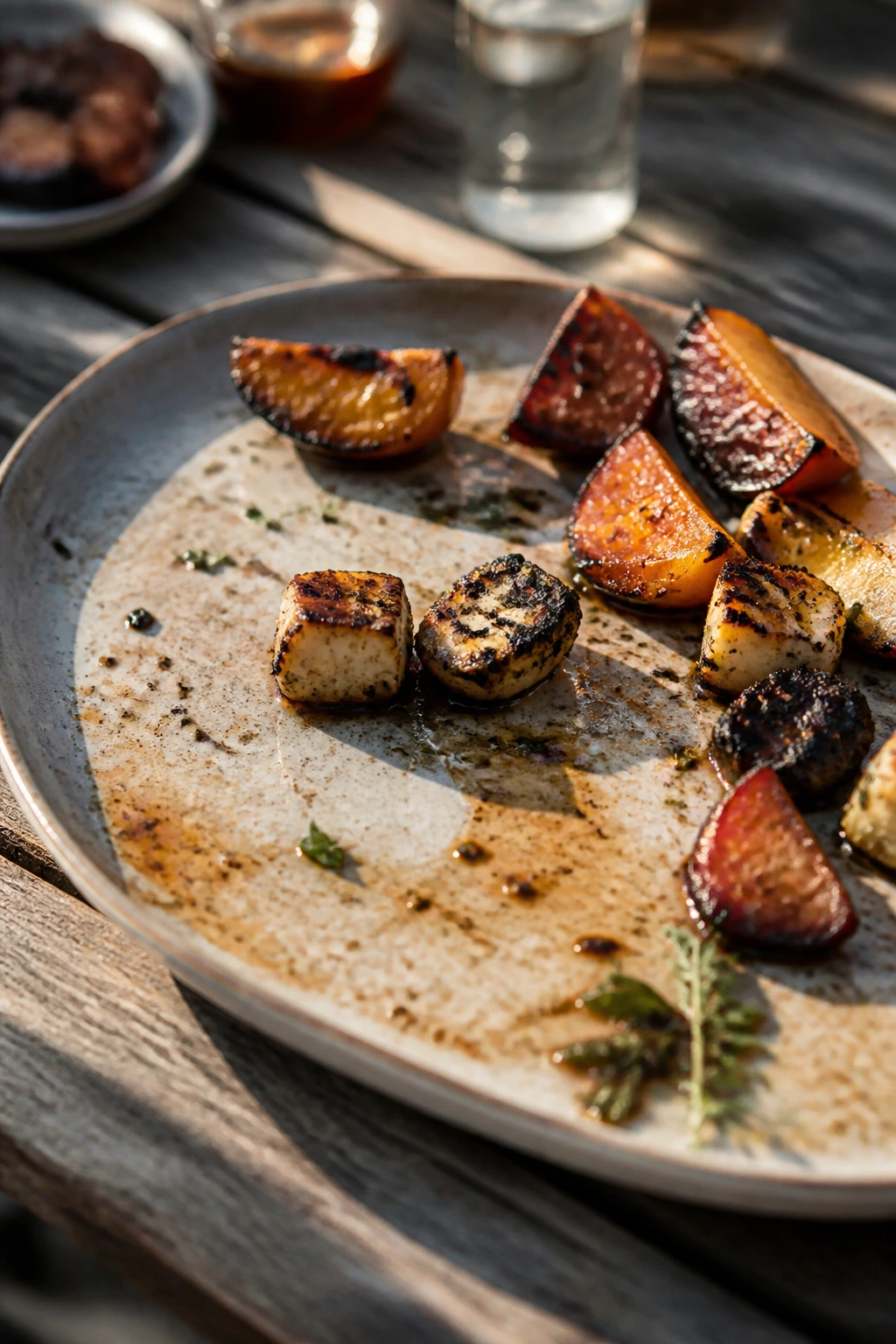 Near-empty plate of charred bites on a wooden picnic table