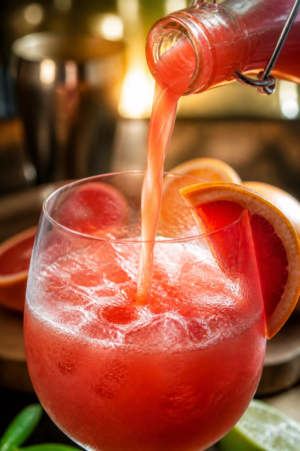 Close-up of a pouring cocktail with fruit garnish in warm light