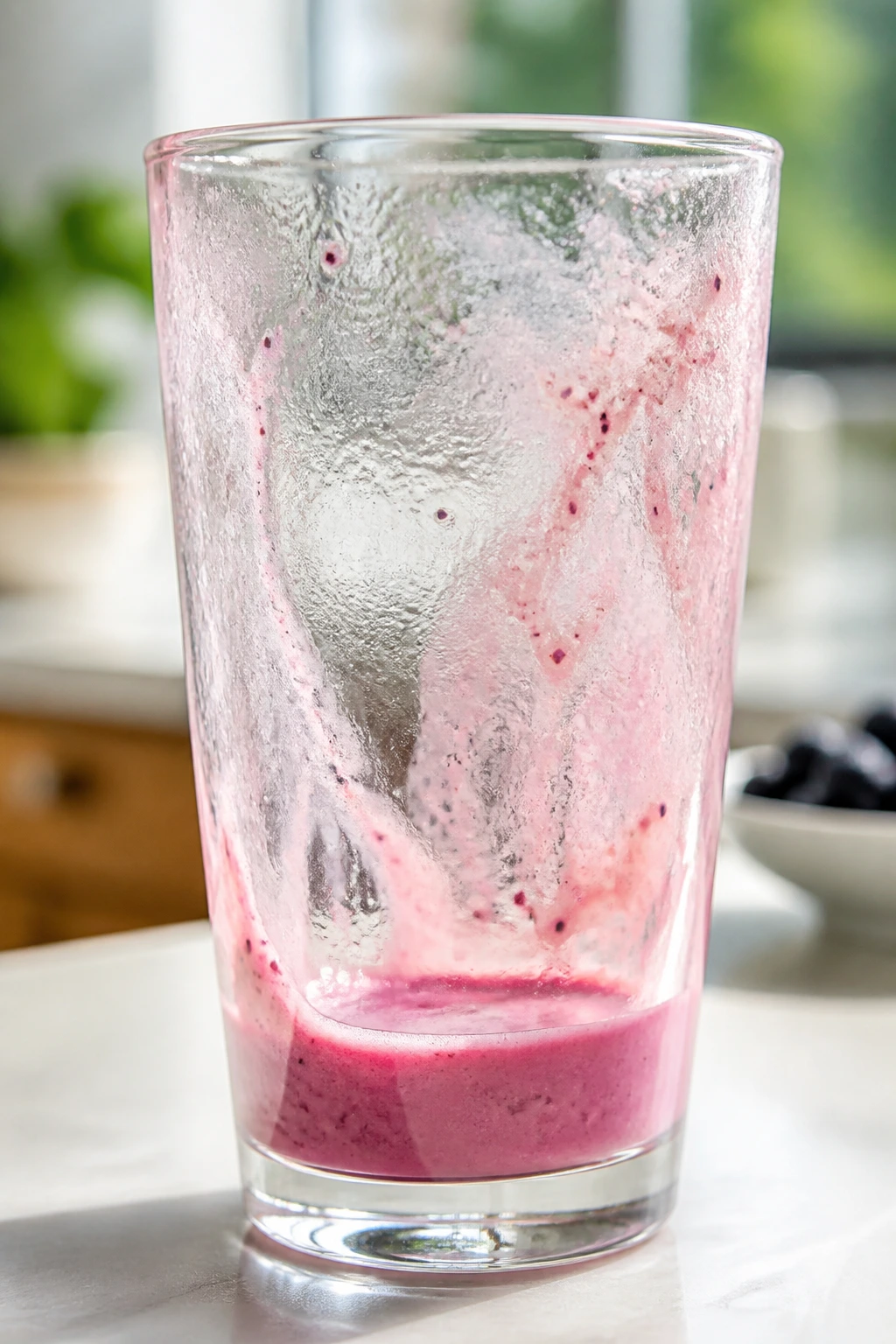 Nearly empty smoothie glass with a hint of color on a bright kitchen counter