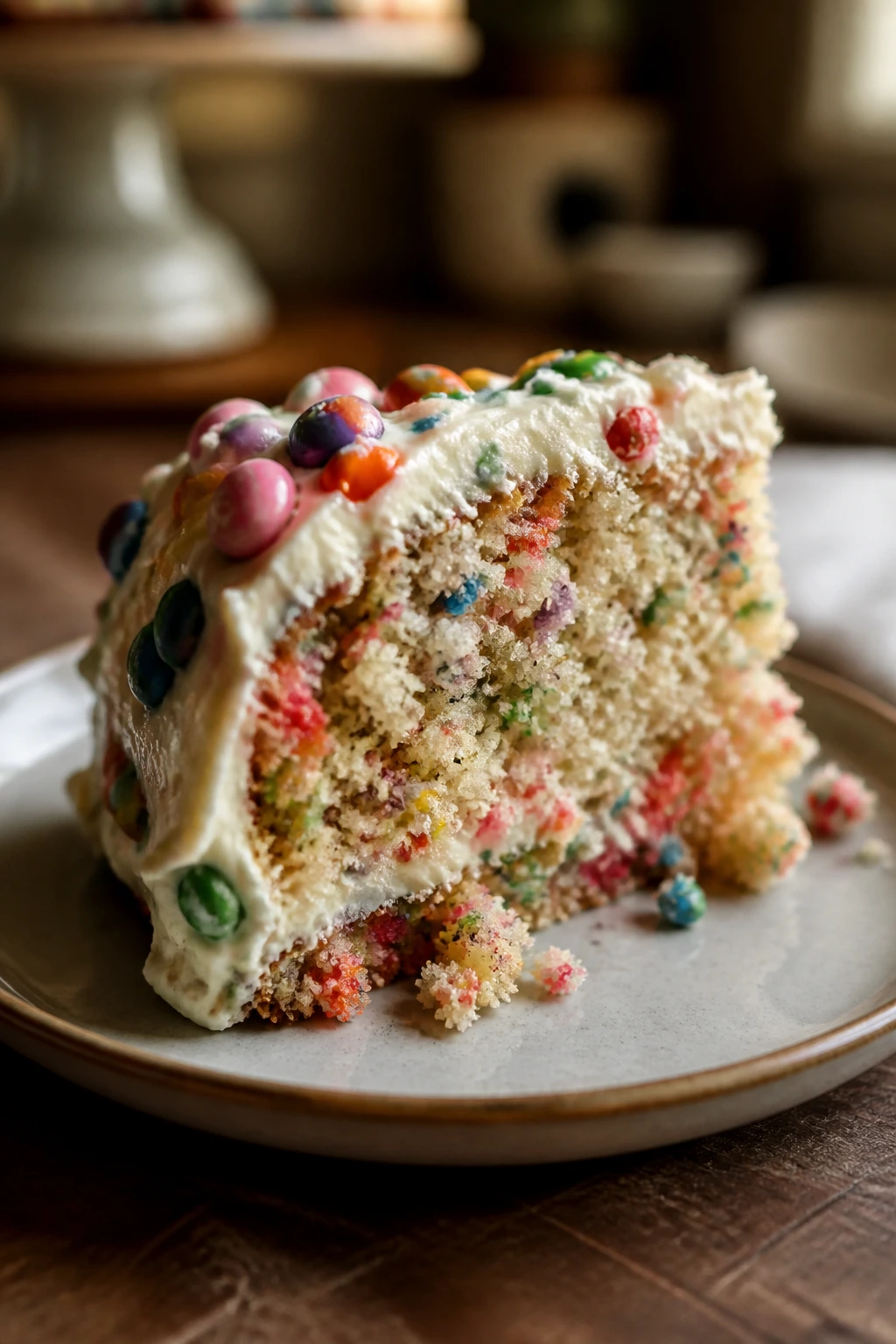 Close-up of the last slice of candy cake on a plate