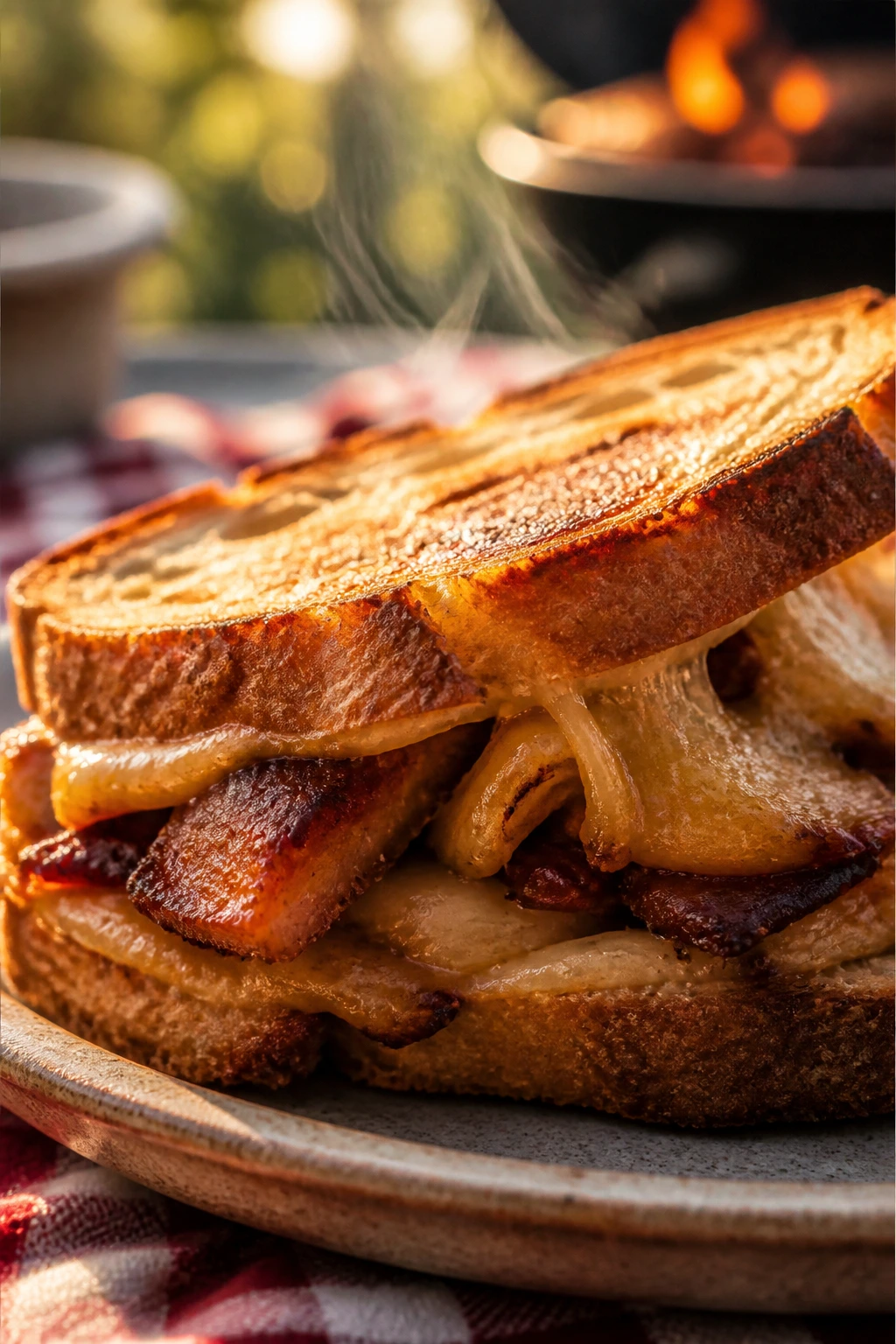 Steaming grilled sandwich on a rustic plate in warm outdoor light