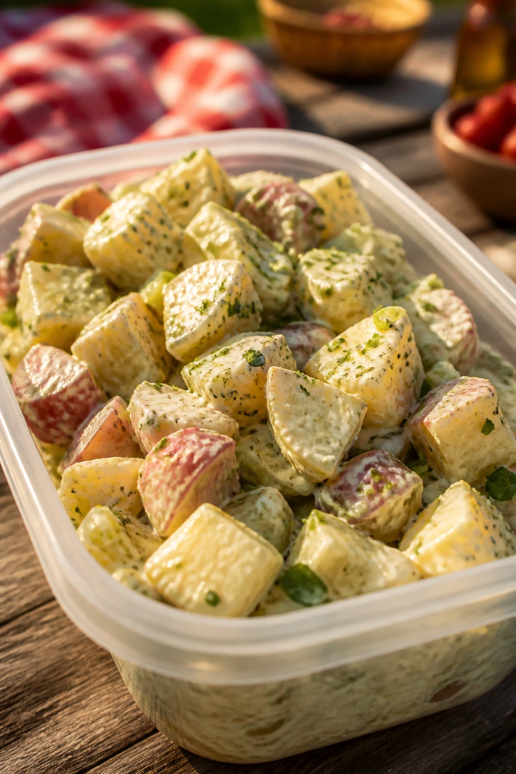 Close-up of durable potato salad in travel container for picnic