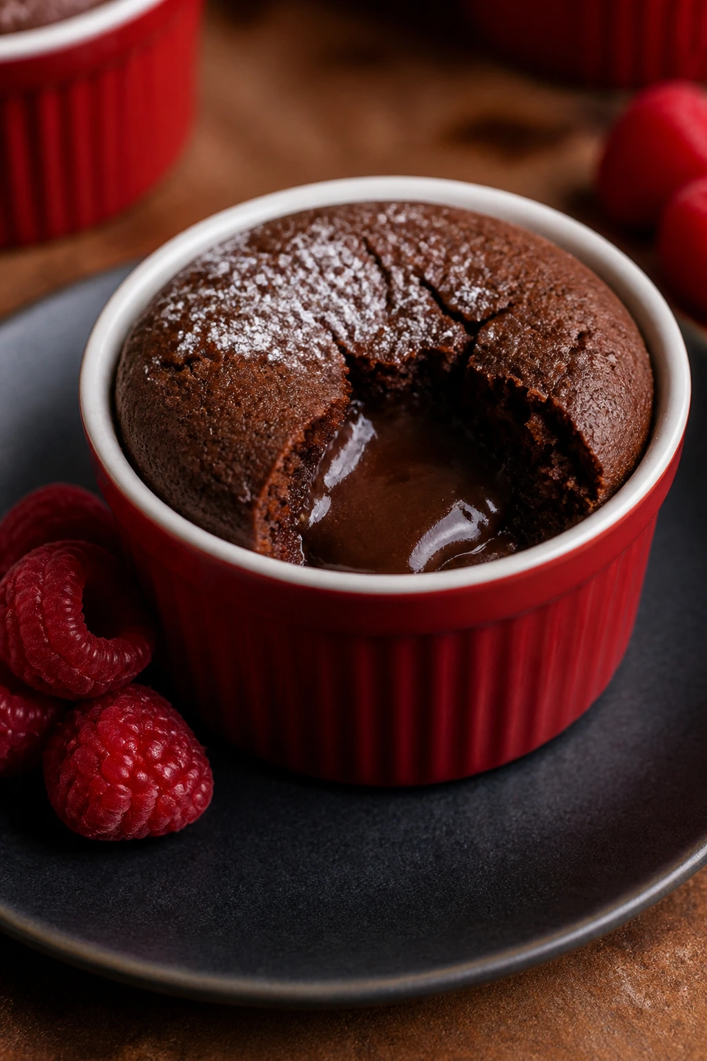 Close-up of a molten lava cake in a ramekin with visible gooey center