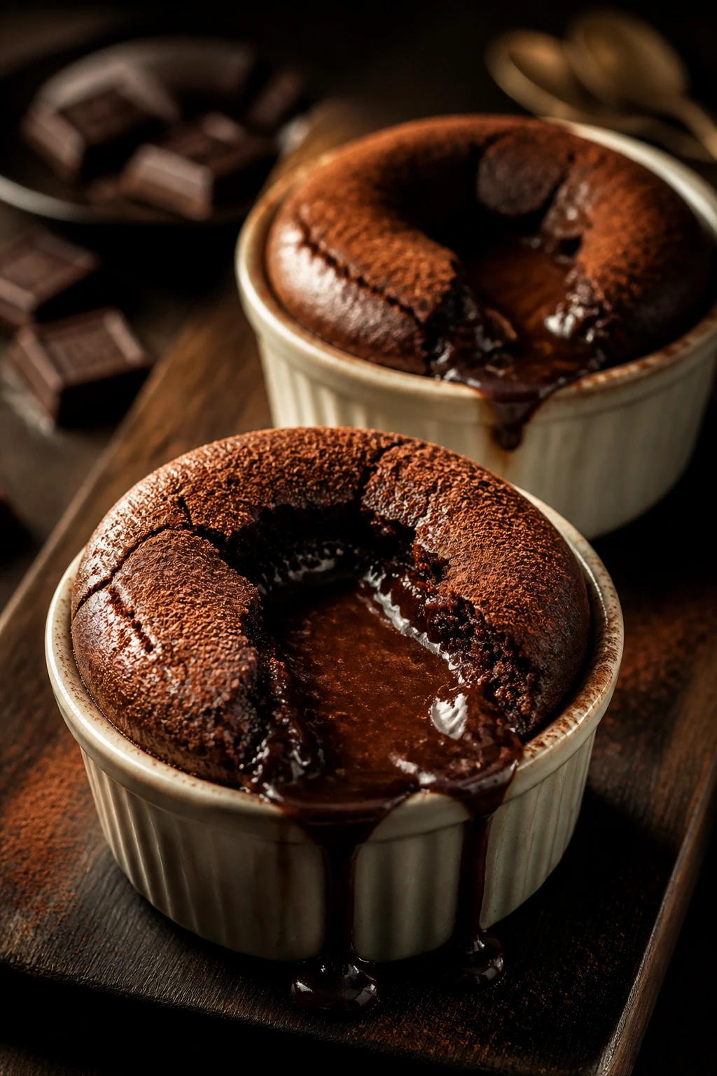Close-up of gooey-centered chocolate lava cakes in ramekins on wood