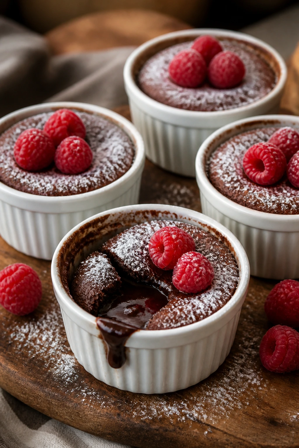 Close-up of four mini lava cakes with raspberries on a wooden board