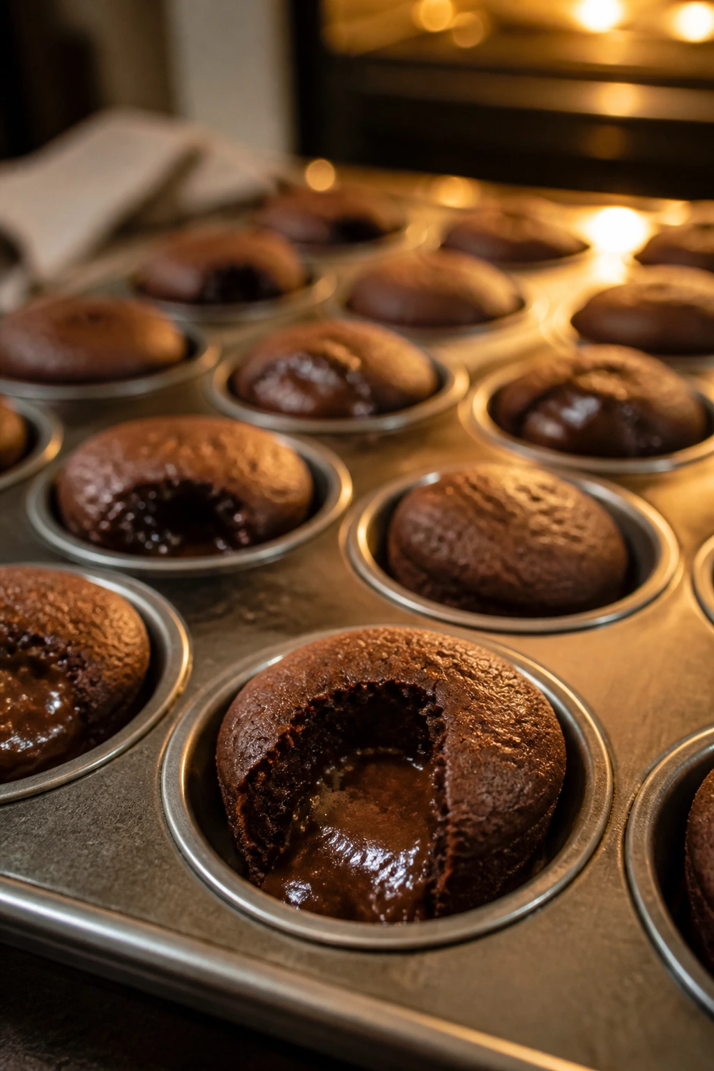Close-up of mini molten lava cakes with glossy centers in muffin cups on a warm kitchen counter