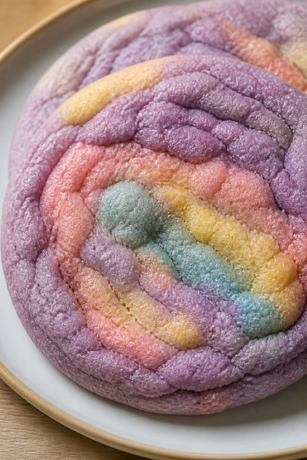 Close-up of lavender honey rainbow cookie with delicate pastel hue